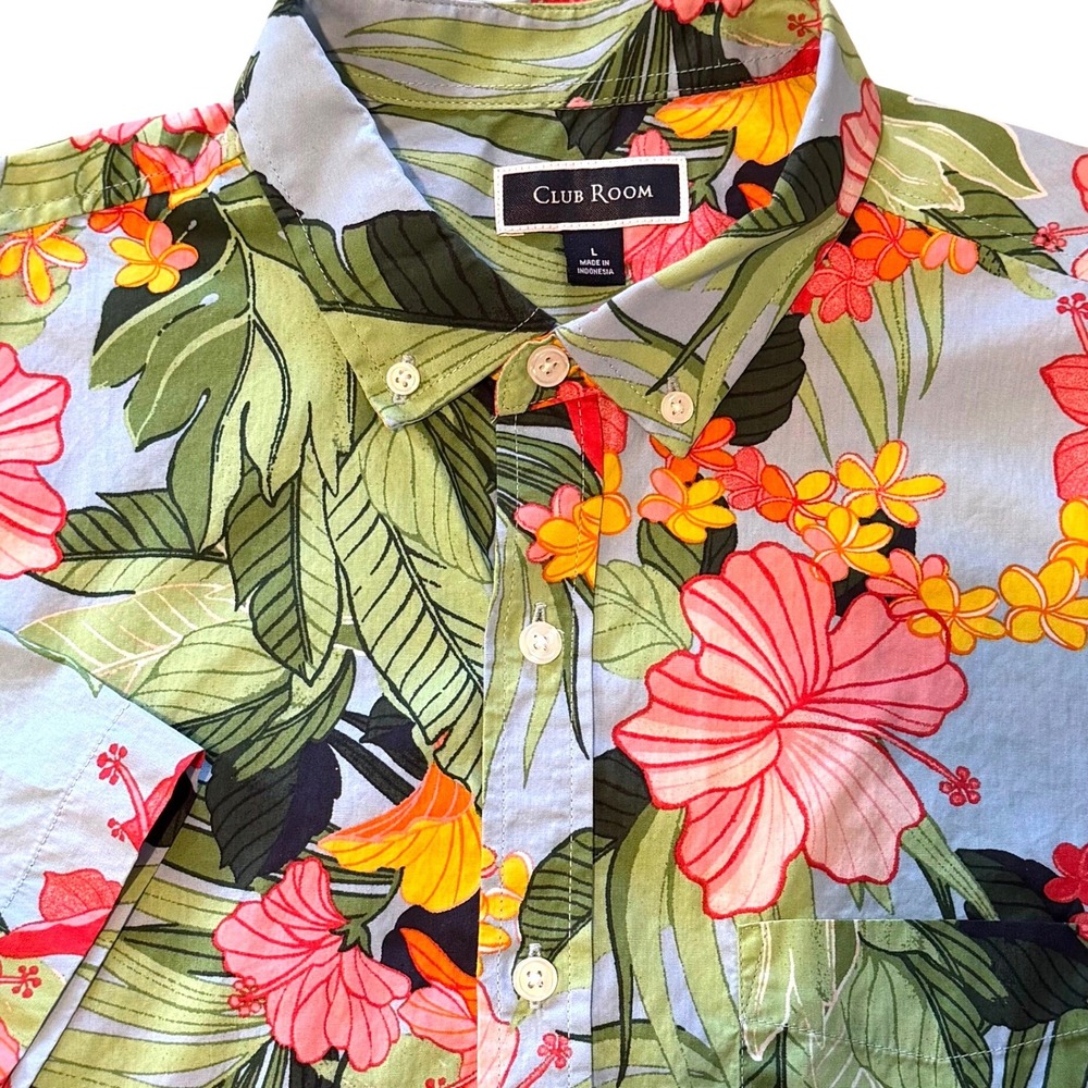Club Room Tropical Hawaiian Floral Shirt Mens Large Blue Beachwear Coastal Party